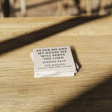 Load image into Gallery viewer, SCRIPTURE_STONE_COASTERS_GIFT_SET__CUST_SquareStoneCoaster_WoodTable_AS_Mockup.png