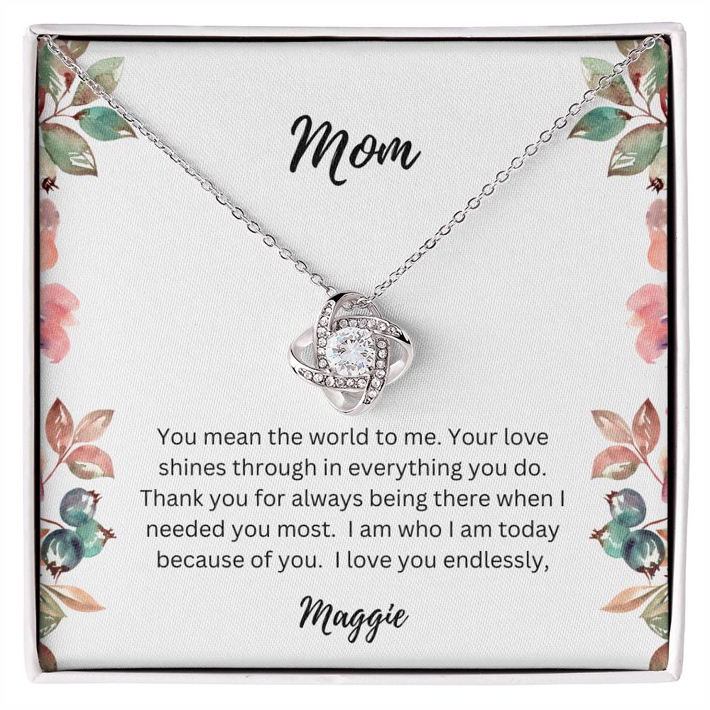 Mom Love Knot Necklace in Gift Box | CUSTOMIZABLE NAMES | 14K White Gold or 18K Yellow Gold