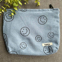 Load image into Gallery viewer, blue corduroy bag with smiley faces
