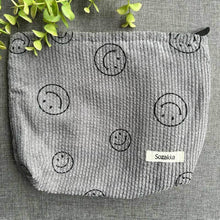 Load image into Gallery viewer, gray corduroy bag with smiley faces
